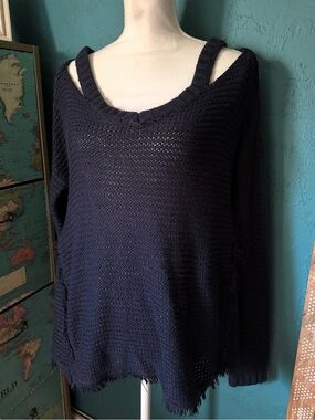 Alya Navy Off-Shoulder Distressed Knit Sweater